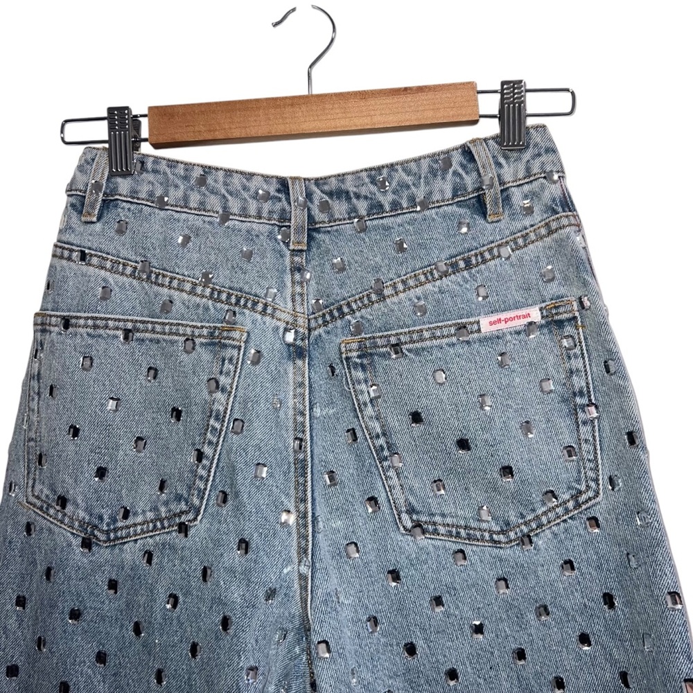 Self Portrait Square Rhinestone Wide Leg Denim Jeans - Picture 11 of 16